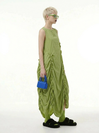 Minimalist Avant-Garde Draped Dress – Oversized Ruched Midi in Olive Green-SimpleModerne