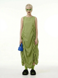 Minimalist Avant-Garde Draped Dress – Oversized Ruched Midi in Olive Green-SimpleModerne