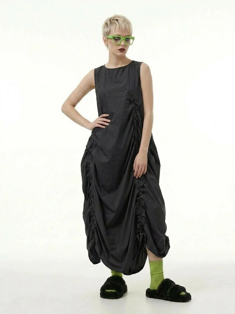 avant garde dress Minimalist Avant-Garde Draped Dress – Oversized Ruched Midi in Black –  SimpleModerne