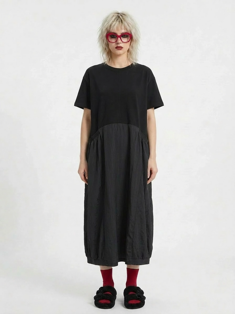 goth midi dress Minimalist Goth Midi Dress – Oversized Cotton Blend in Black – SimpleModerne