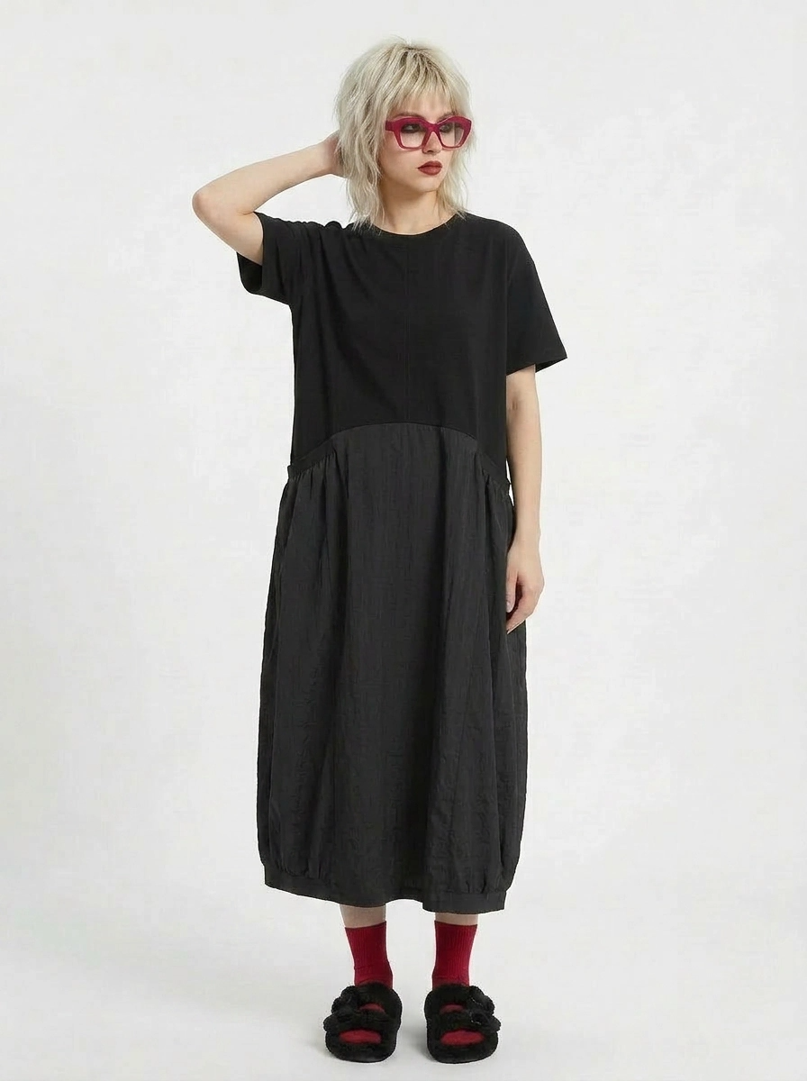 Minimalist Goth Midi Dress – Oversized Cotton Blend in Black-SimpleModerne