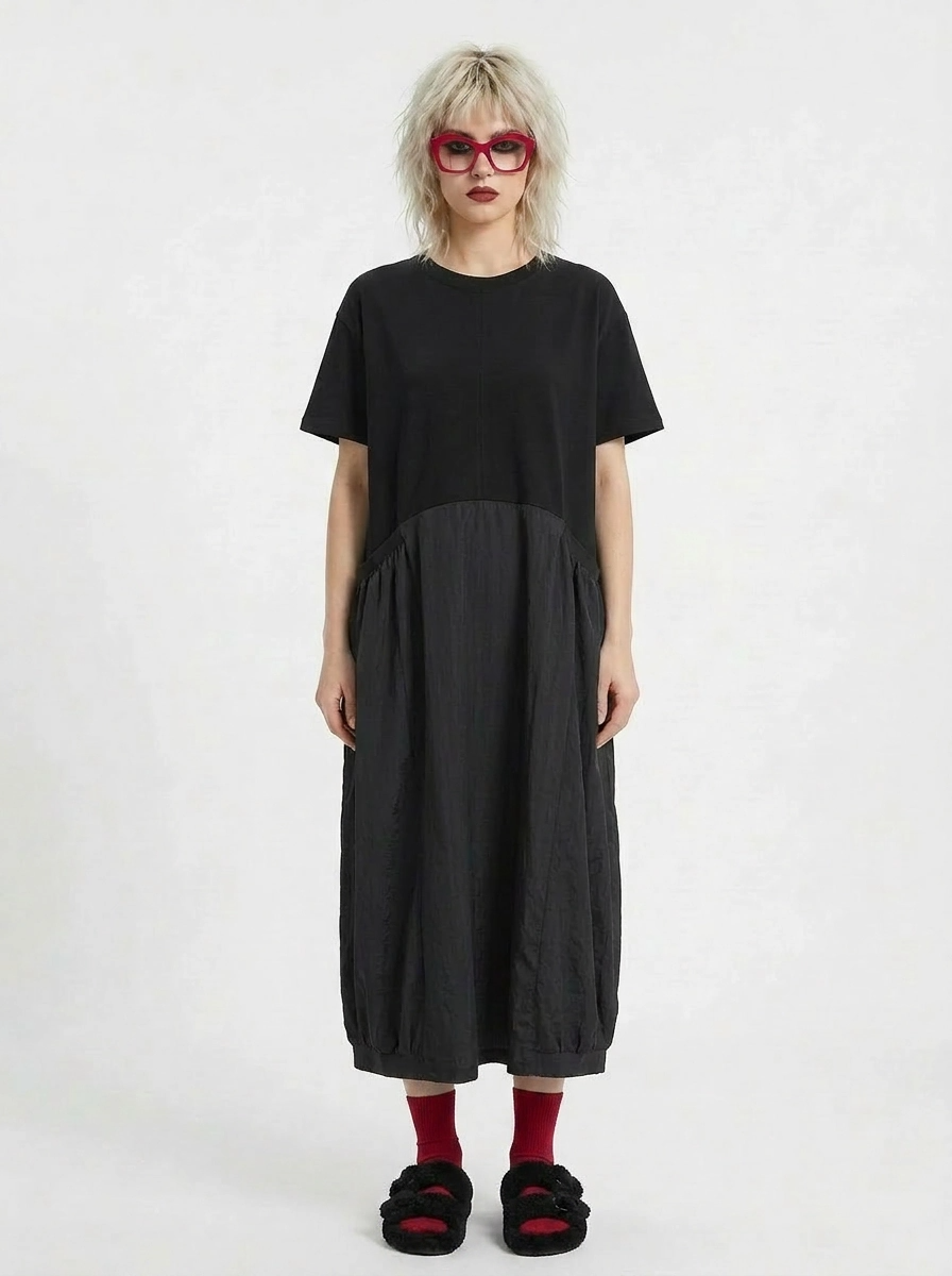 Minimalist Goth Midi Dress – Oversized Cotton Blend in Black-SimpleModerne