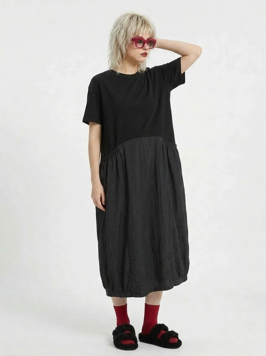 Minimalist Goth Midi Dress – Oversized Cotton Blend in Black-SimpleModerne