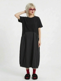 Minimalist Goth Midi Dress – Oversized Cotton Blend in Black-SimpleModerne