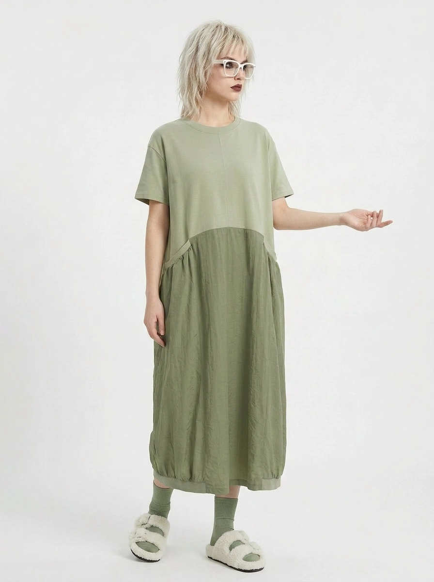 Minimalist Casual Midi Dress Oversized Cotton Blend in Olive Green SimpleModerne Minimalist Casual Midi Dress Oversized Cotton Blend in Olive Green SimpleModerne