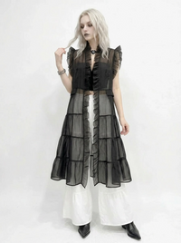 Sheer Gothic Layering Vest – Ruffled Organza Maxi Overlay in Black-SimpleModerne