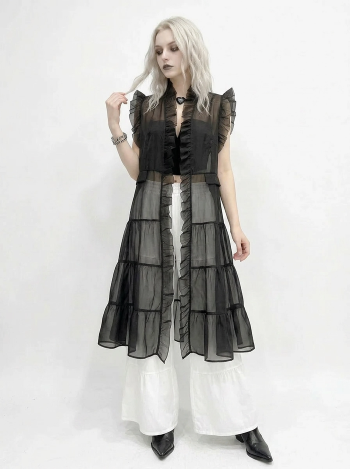Sheer Gothic Layering Vest – Ruffled Organza Maxi Overlay in Black-SimpleModerne