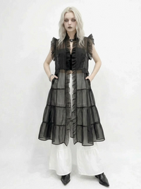 Sheer Gothic Layering Vest – Ruffled Organza Maxi Overlay in Black-SimpleModerne