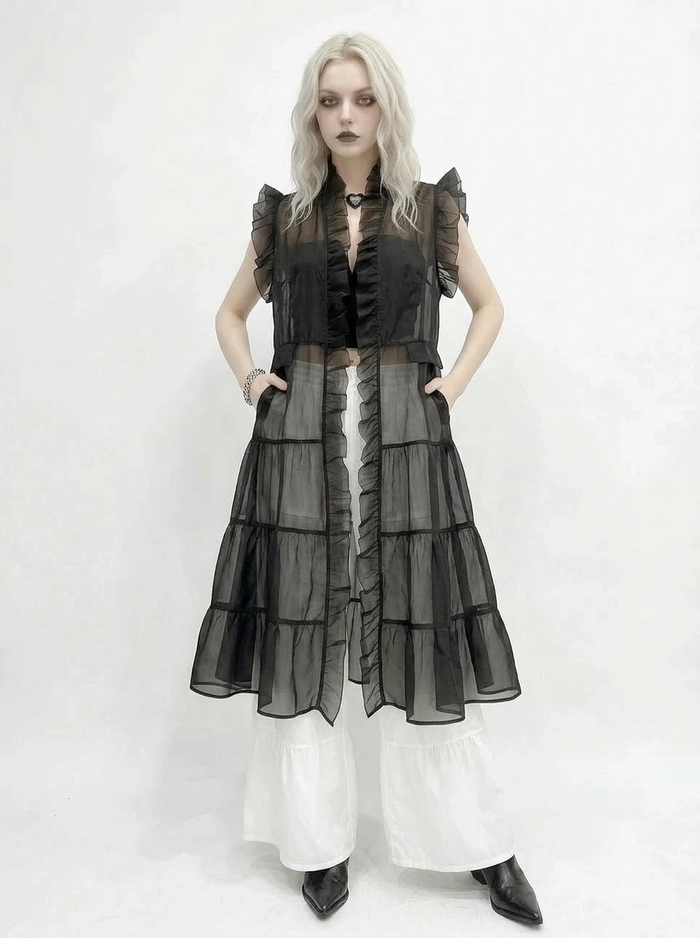 Sheer Gothic Layering Vest – Ruffled Organza Maxi Overlay in Black-SimpleModerne