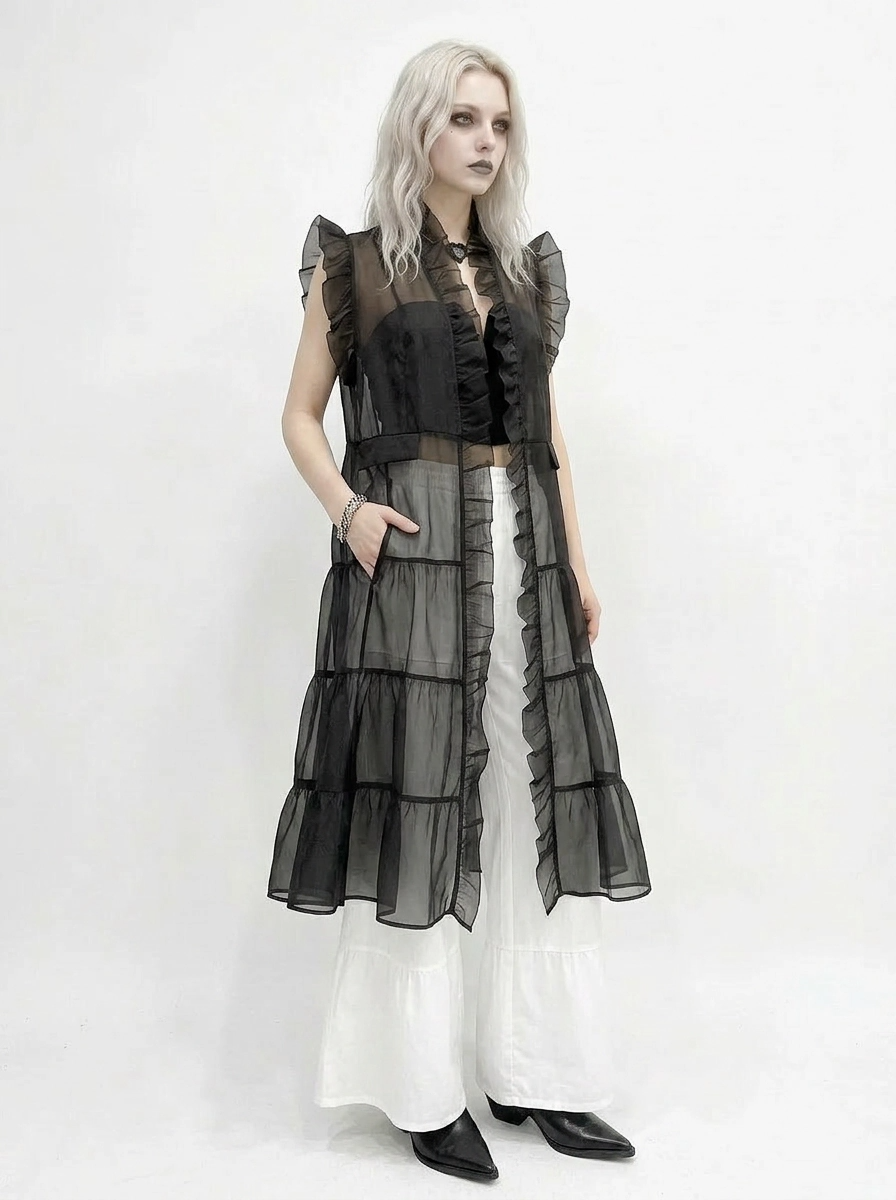 Sheer Gothic Layering Vest – Ruffled Organza Maxi Overlay in Black-SimpleModerne