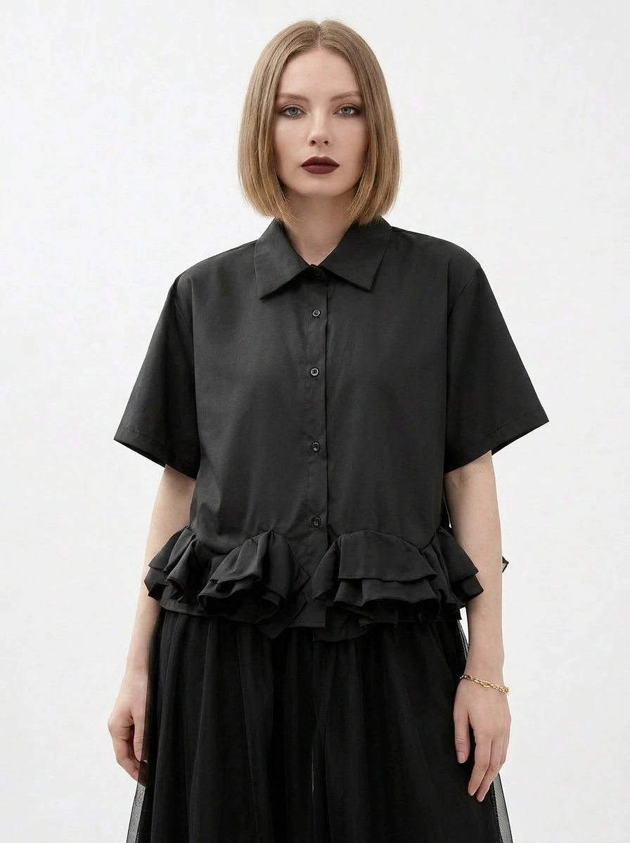 Minimalist Goth Ruffle Hem Shirt – Structured Casual Edge Top-SimpleModerne