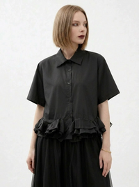 Minimalist Goth Ruffle Hem Shirt – Structured Casual Edge Top-SimpleModerne
