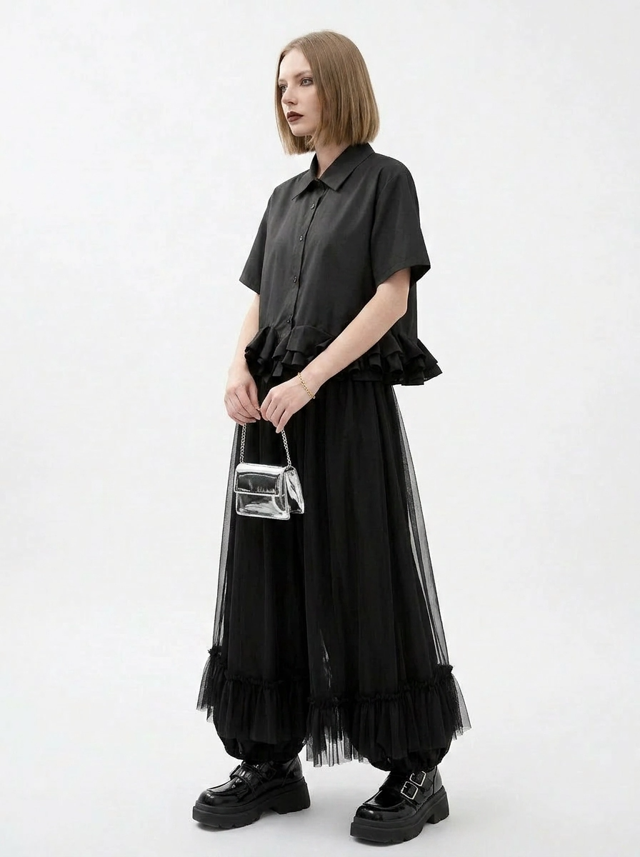 Minimalist Goth Wide-Leg Tulle Overlay Trousers – Casual Minimal Statement Pants-SimpleModerne