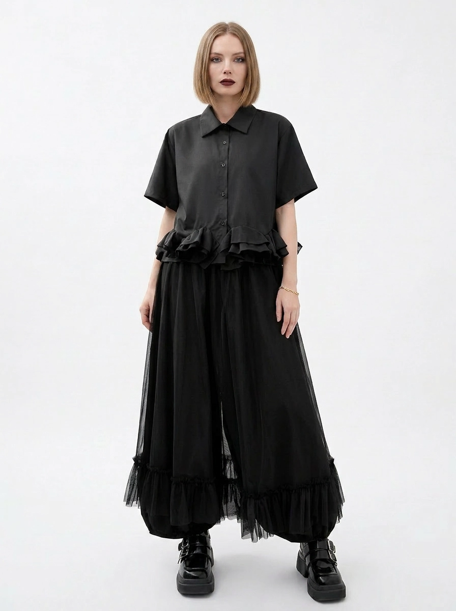 Minimalist Goth Wide-Leg Tulle Overlay Trousers – Casual Minimal Statement Pants-SimpleModerne