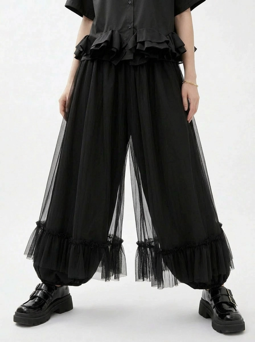 Minimalist Goth Wide-Leg Tulle Overlay Trousers – Casual Minimal Statement Pants-SimpleModerne