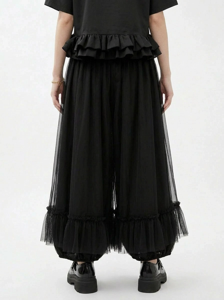 Minimalist Goth Wide-Leg Tulle Overlay Trousers – Casual Minimal Statement Pants-SimpleModerne