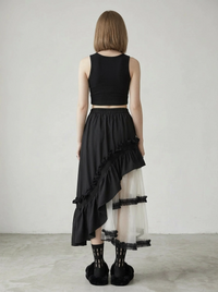 Asymmetrical Tulle Layer Minimal Goth Skirt – Black & Ivory-SimpleModerne