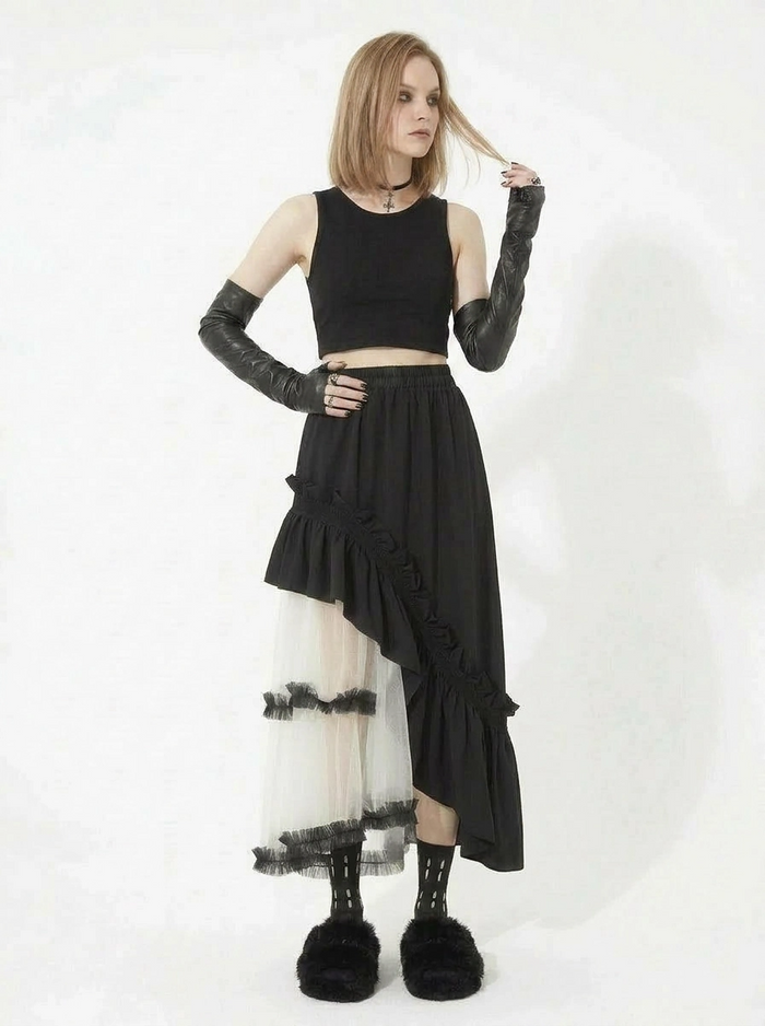 Asymmetrical Tulle Layer Minimal Goth Skirt – Black & Ivory-SimpleModerne