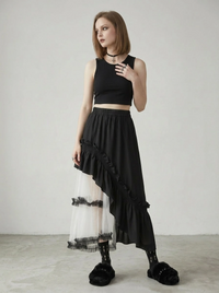 Asymmetrical Tulle Layer Minimal Goth Skirt – Black & Ivory-SimpleModerne