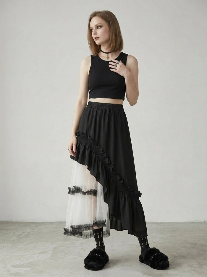 Asymmetrical Tulle Layer Minimal Goth Skirt – Black & Ivory-SimpleModerne