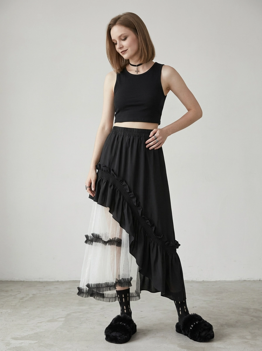 Asymmetrical Tulle Layer Minimal Goth Skirt – Black & Ivory-SimpleModerne