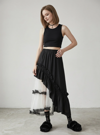 Asymmetrical Tulle Layer Minimal Goth Skirt – Black & Ivory-SimpleModerne