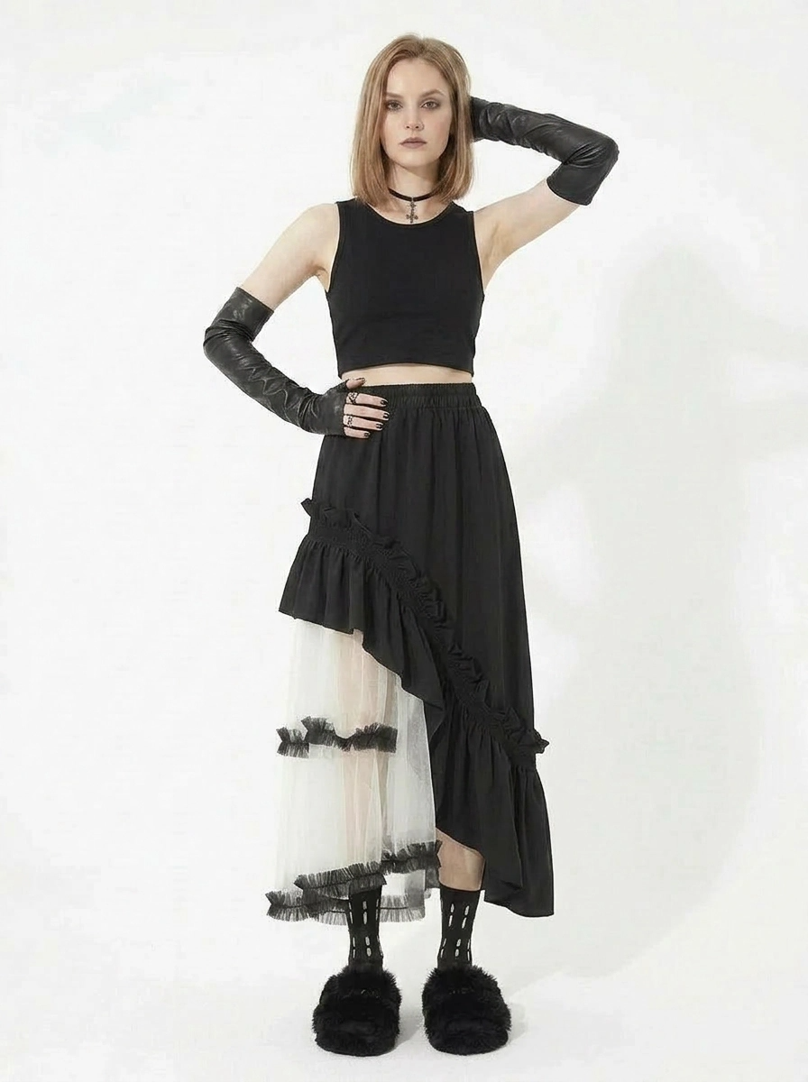 Asymmetrical Tulle Layer Minimal Goth Skirt – Black & Ivory-SimpleModerne