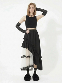 Asymmetrical Tulle Layer Minimal Goth Skirt – Black & Ivory-SimpleModerne