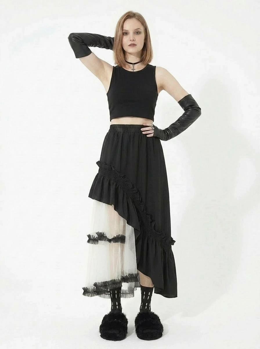 Asymmetrical Tulle Layer Minimal Goth Skirt – Black & Ivory-SimpleModerne