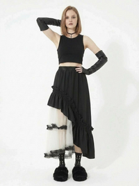 Asymmetrical Tulle Layer Minimal Goth Skirt – Black & Ivory-SimpleModerne