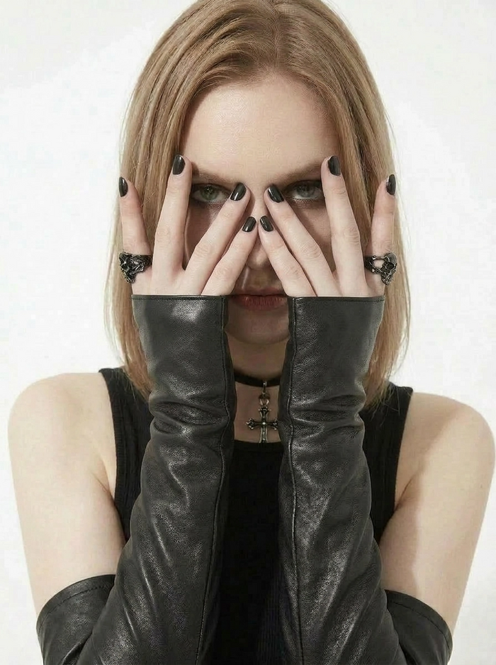 Minimalist Goth Fingerless Leather Gloves – Long Edge Arm Warmers-SimpleModerne