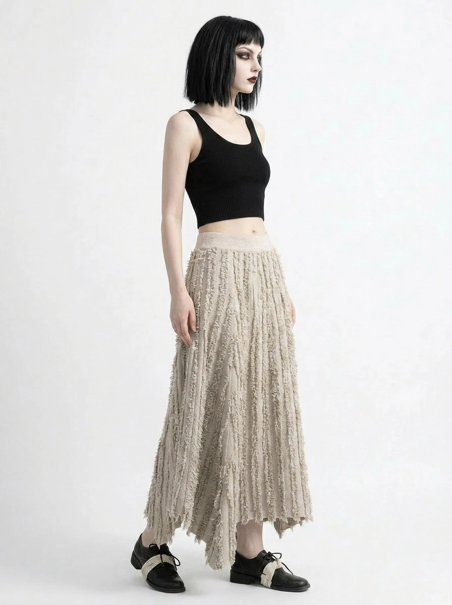 Textured Raw Edge Skirt – Sand Beige-SimpleModerne