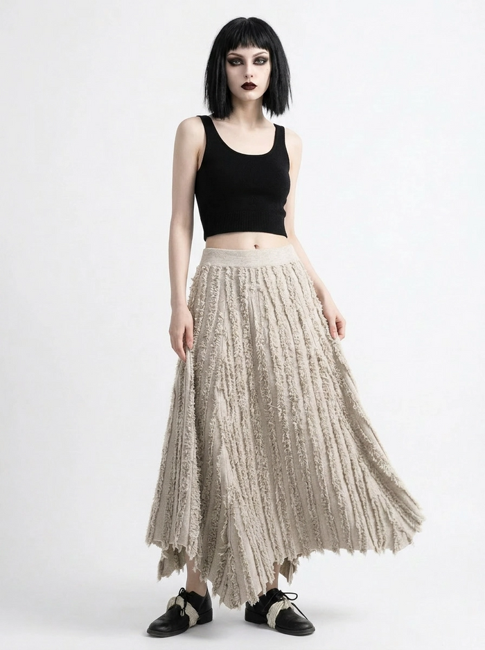 Textured Raw Edge Skirt – Sand Beige-SimpleModerne