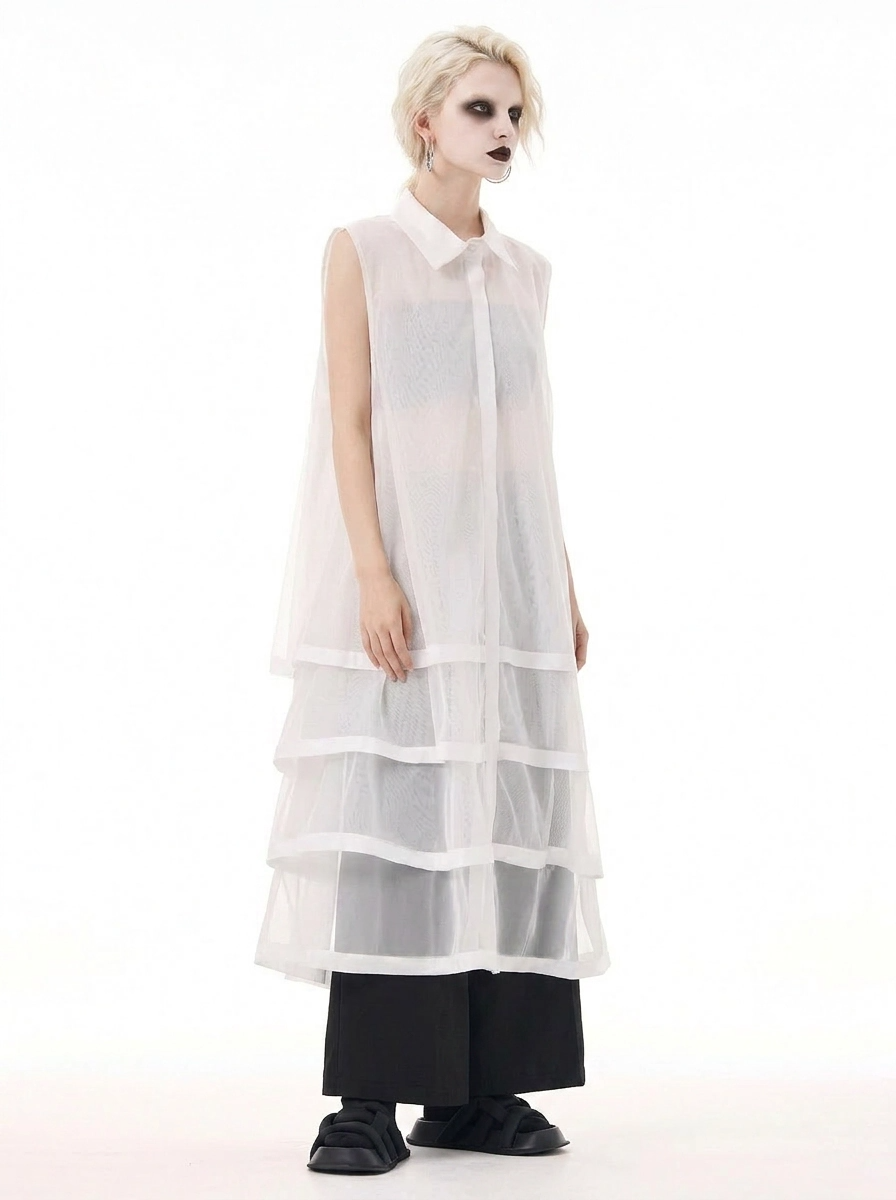 Layered Sheer Shirt Dress – White Minimal Edge – SimpleModerne Layered Sheer Shirt Dress – White Minimal Edge – SimpleModerne