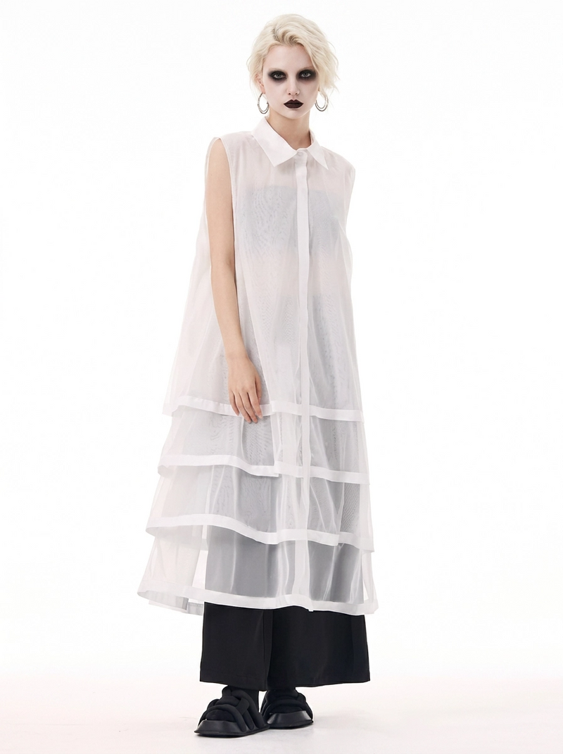 white long sleeve shirt dress Layered Sheer Shirt Dress – White Minimal Edge – SimpleModerne