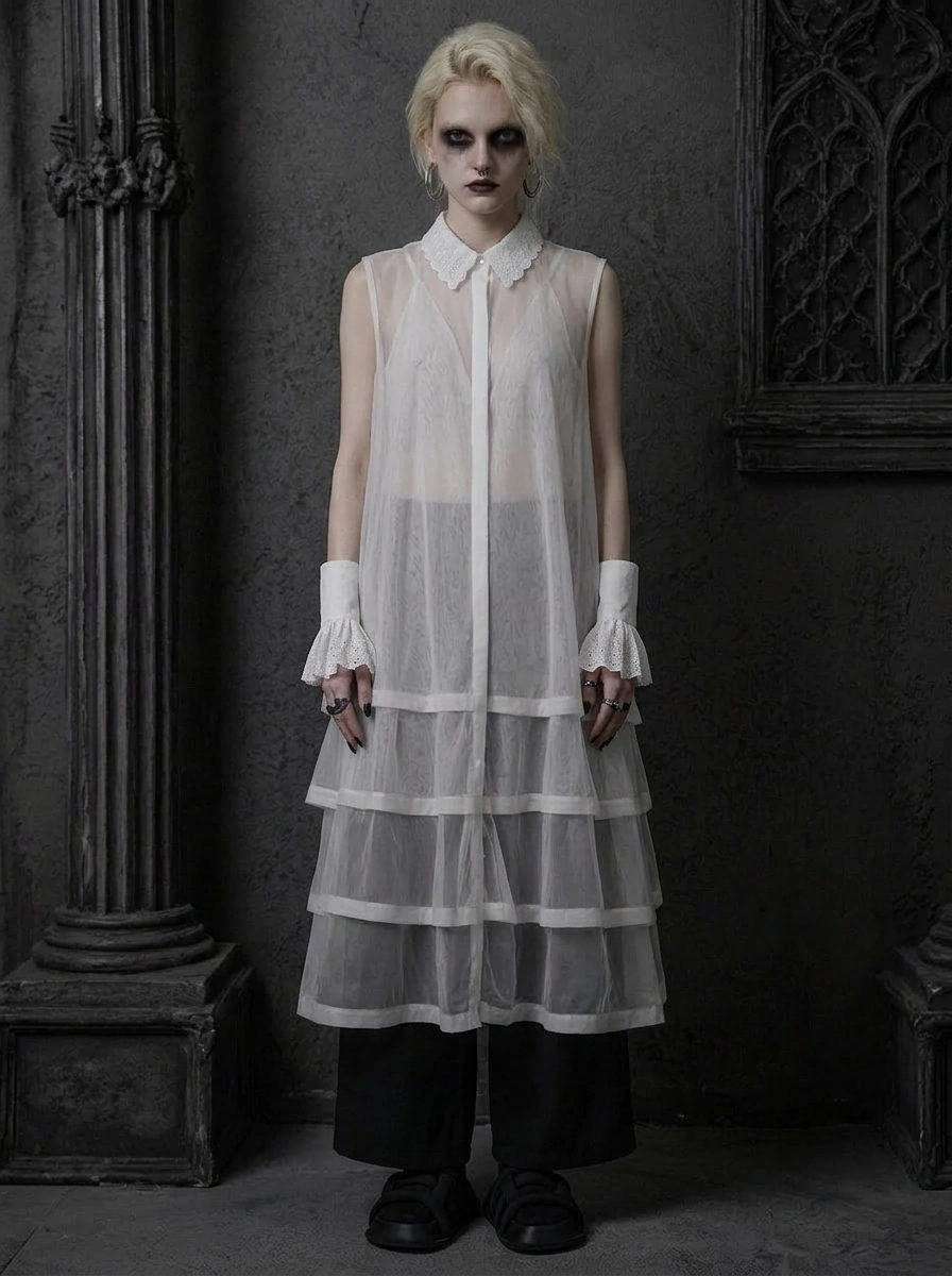 Layered Sheer Shirt Dress – White Minimal Edge