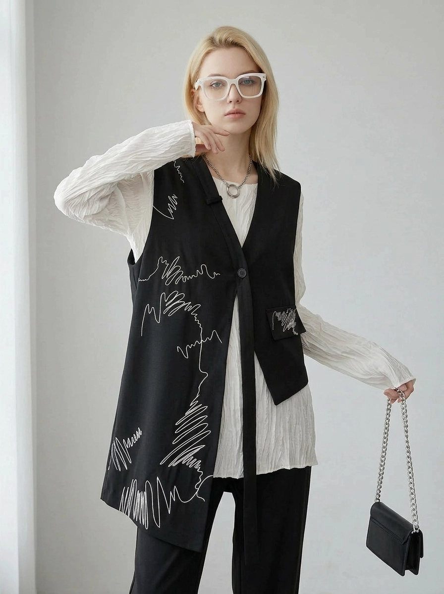 Asymmetrical Scribble Vest – Structured Contrast Layer – SimpleModerne