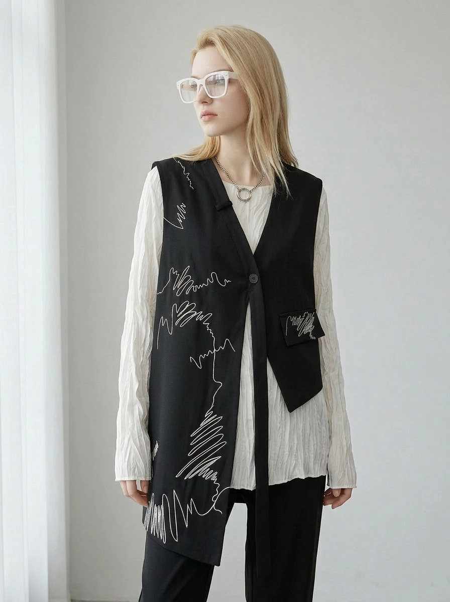 Asymmetrical Scribble Vest – Structured Contrast Layer-SimpleModerne