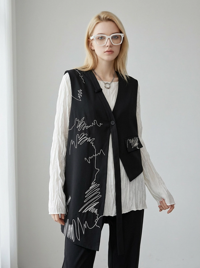 Asymmetrical Scribble Vest – Structured Contrast Layer-SimpleModerne