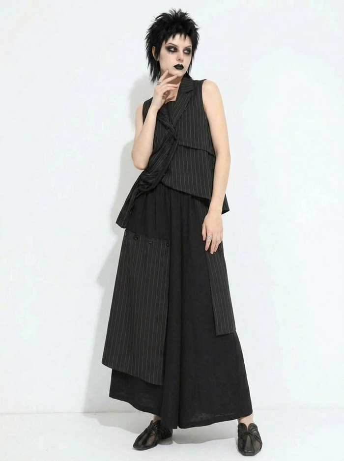 Layered Pinstripe Panel Wide-Leg Trousers-SimpleModerne