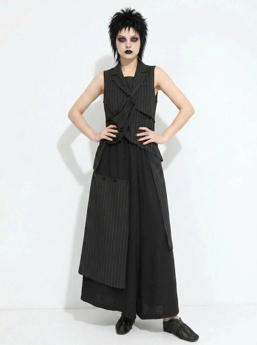 Layered Pinstripe Panel Wide-Leg Trousers-SimpleModerne