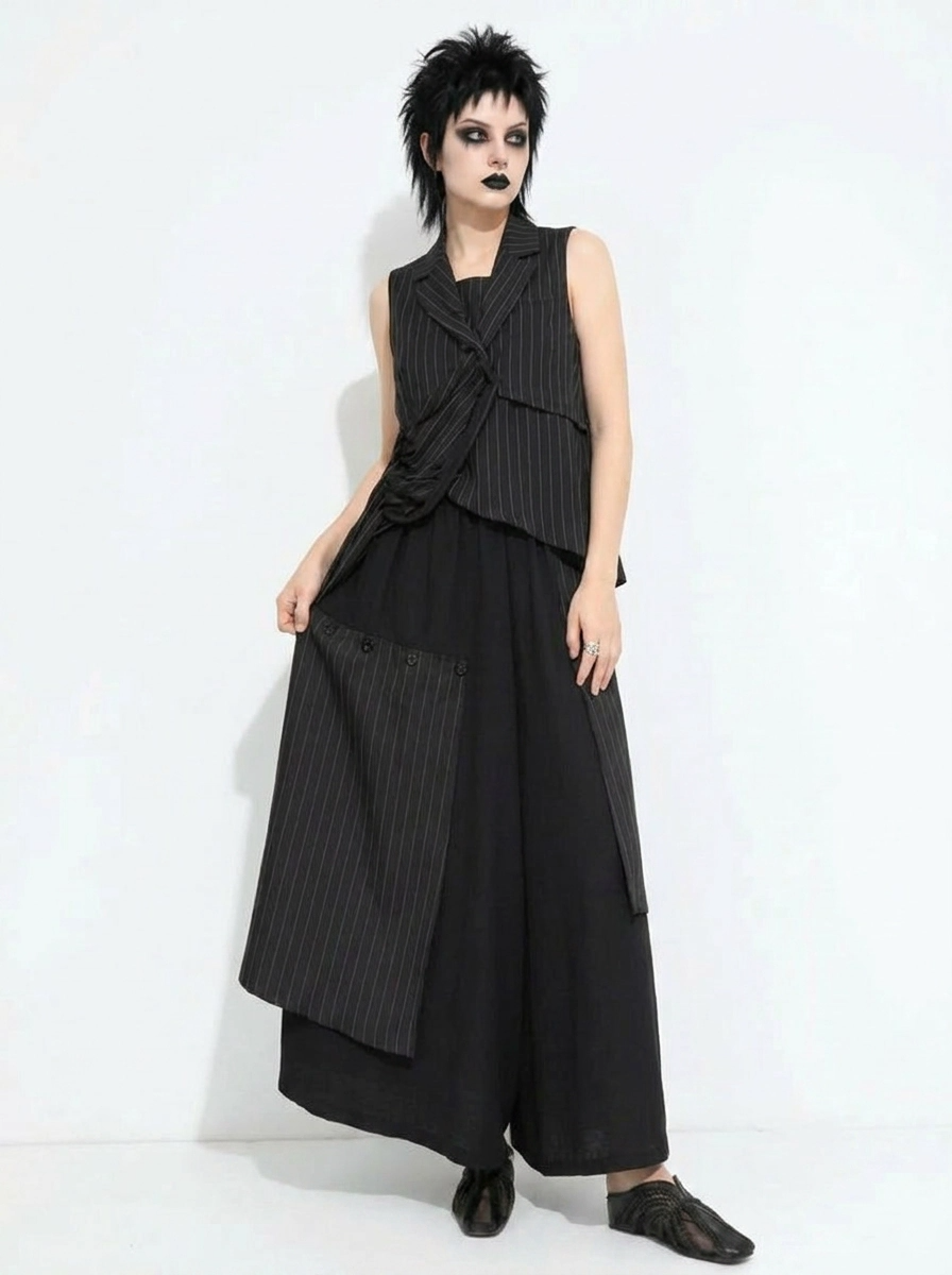 Layered Pinstripe Panel Wide-Leg Trousers-SimpleModerne