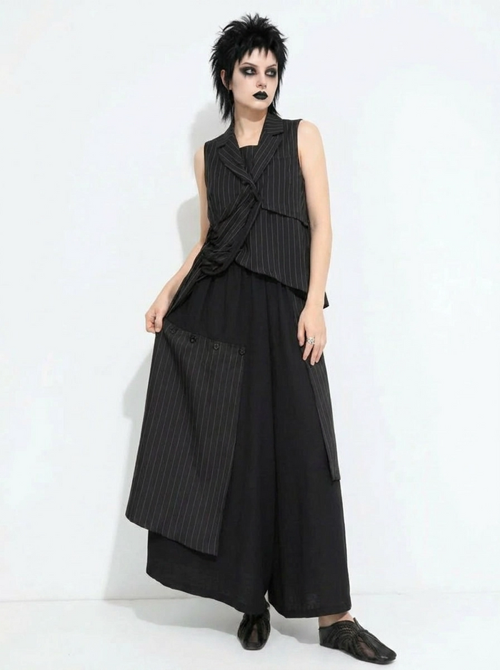 Layered Pinstripe Panel Wide-Leg Trousers-SimpleModerne
