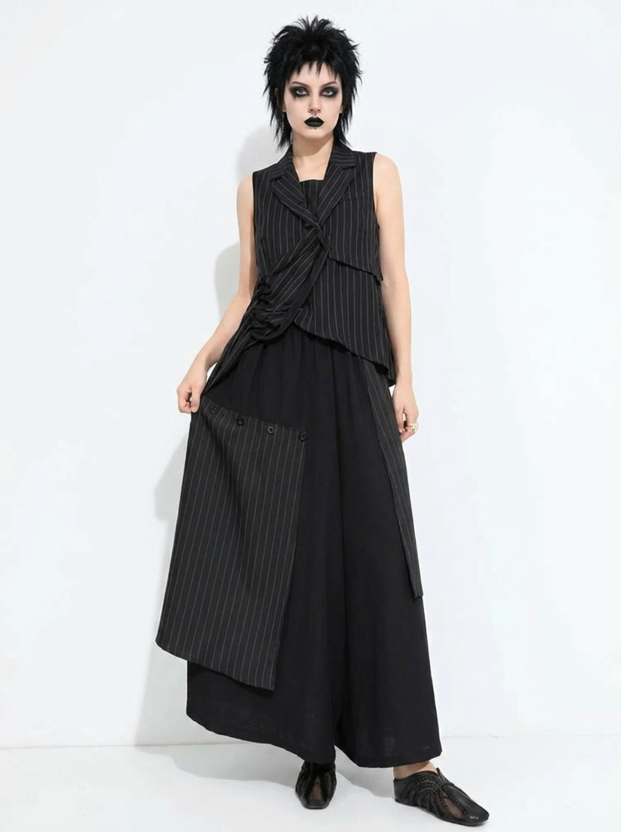 Layered Pinstripe Panel Wide-Leg Trousers-SimpleModerne