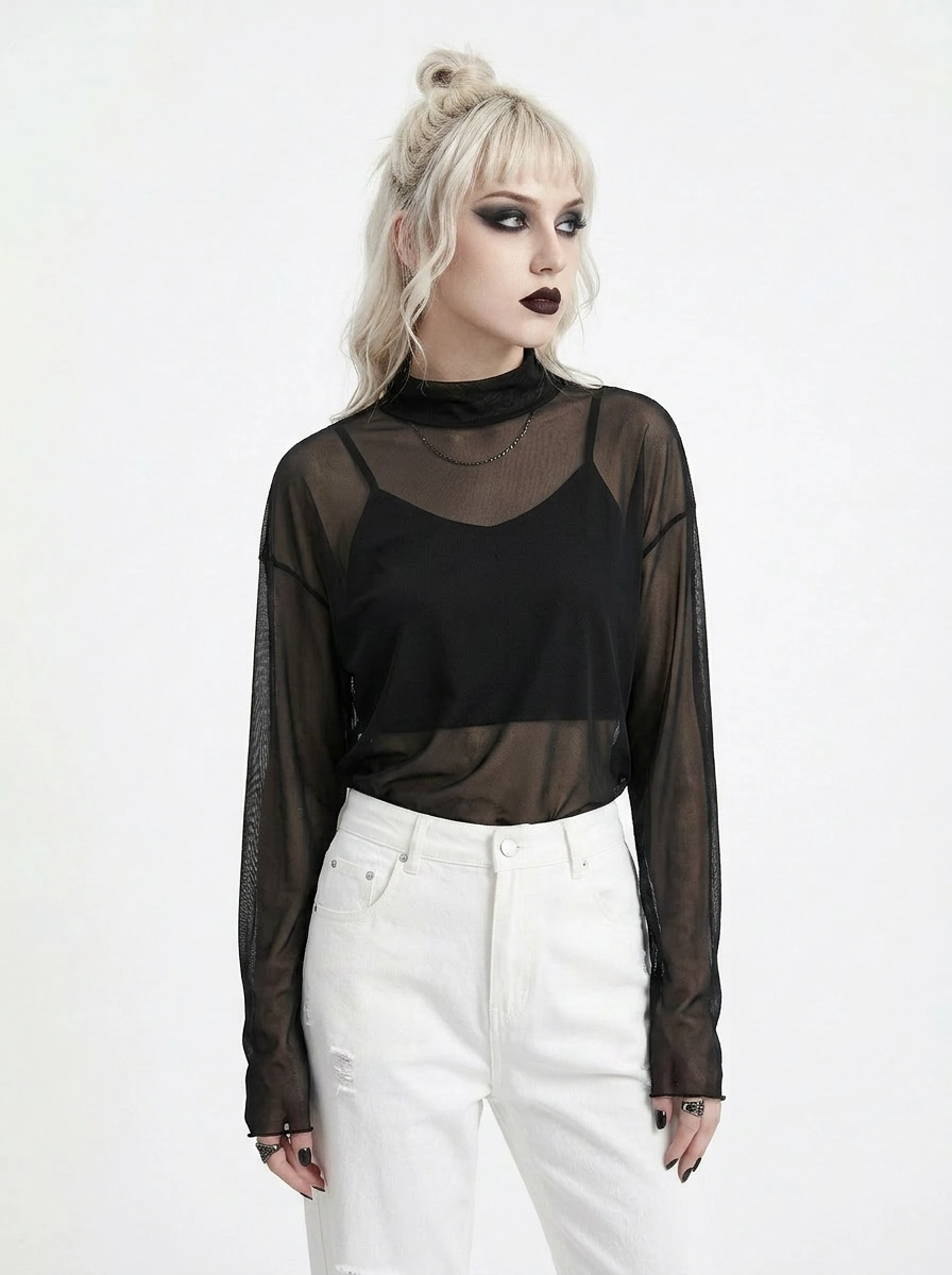 Sheer High-Neck Mesh Top – Layering Essential-SimpleModerne