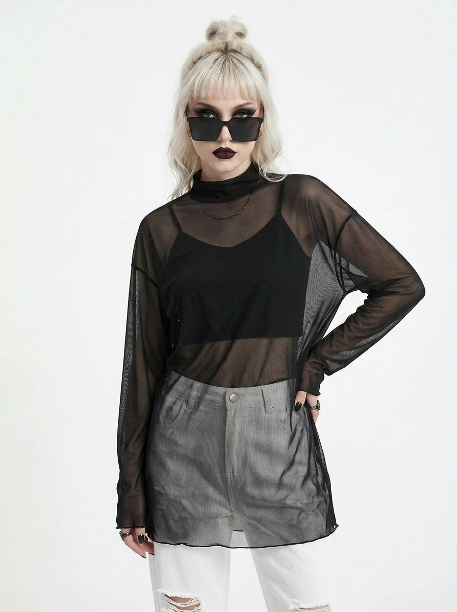 Sheer High-Neck Mesh Top – Layering Essential-SimpleModerne