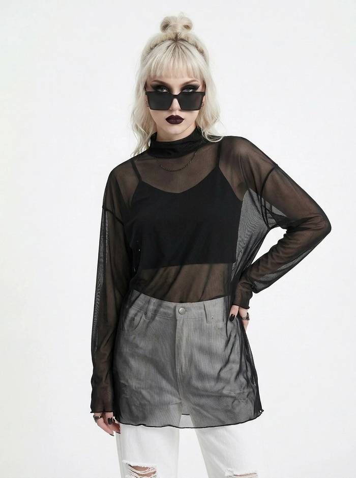 Sheer High-Neck Mesh Top – Layering Essential-SimpleModerne