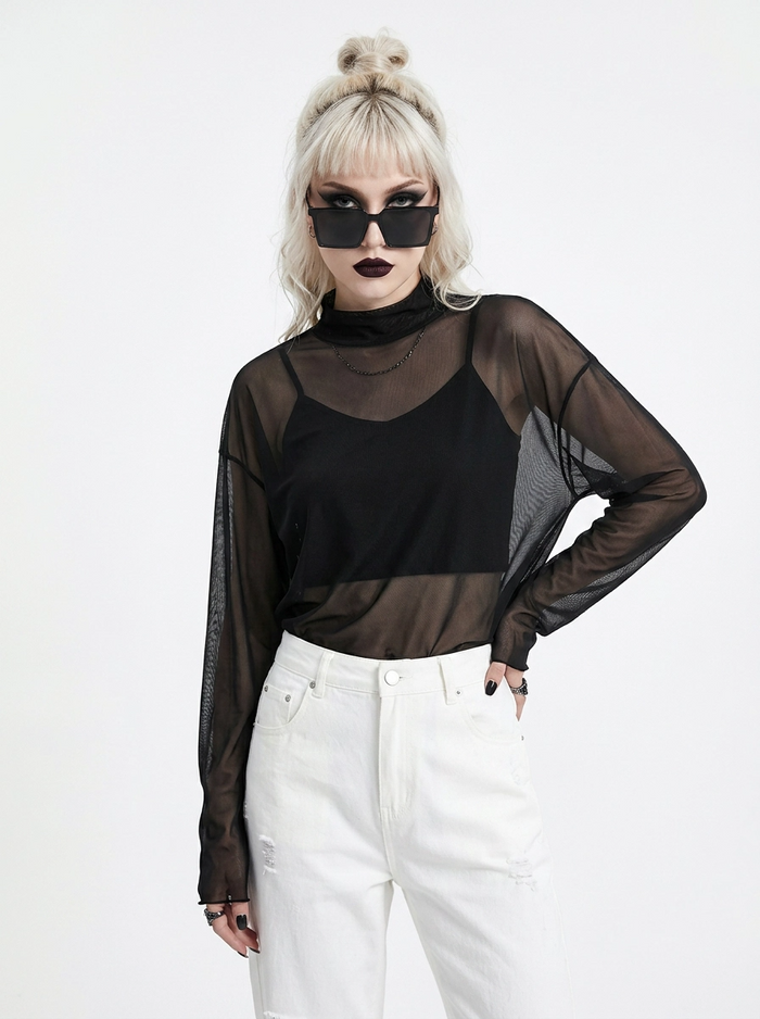 Sheer High-Neck Mesh Top – Layering Essential-SimpleModerne