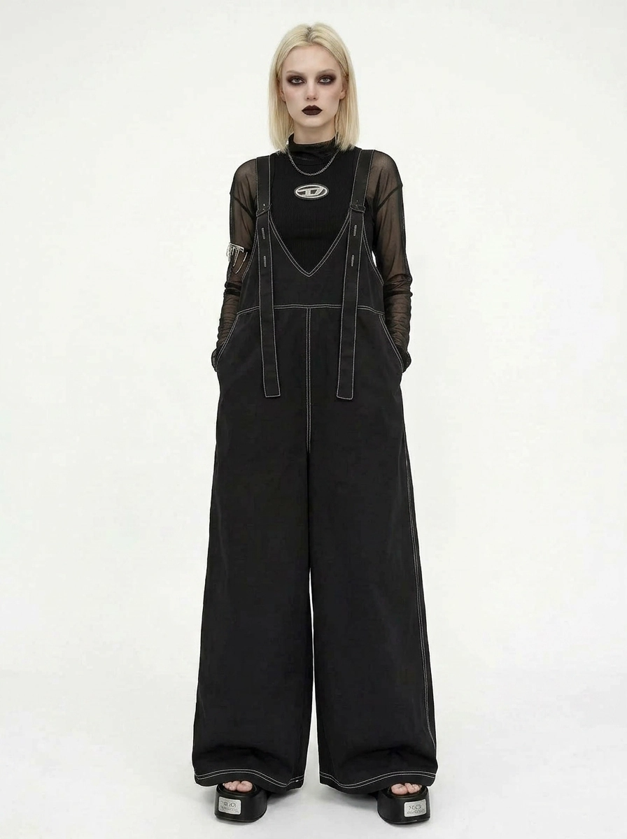 Casual Minimal Goth Contrast Stitch Wide-Leg Jumpsuit-SimpleModerne