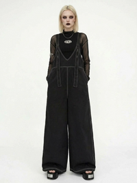 Casual Minimal Goth Contrast Stitch Wide-Leg Jumpsuit-SimpleModerne